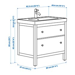Ilustración de medidas - HEMNES/ORRSJÖN mueble lavabo con cajones y grifo VOXNAN