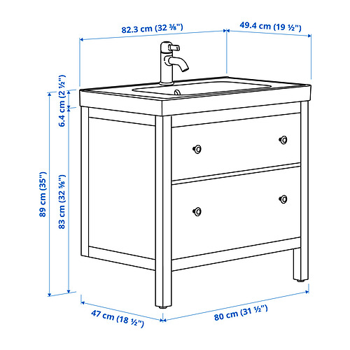Ilustración con medidas del producto: HEMNES.