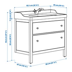 Ilustración de medidas - HEMNES/RUTSJÖN mueble de lavabo con cajones/lavabo