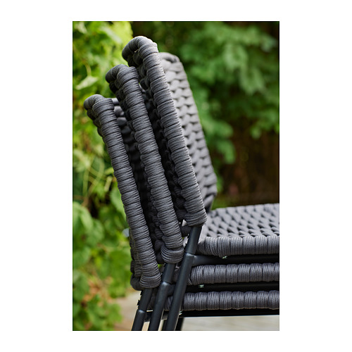 Pila de sillas TEGELÖN negra, uso exterior/interior. Asiento de cuerda de polipropileno duradero, marco de acero con recubrimiento en polvo.