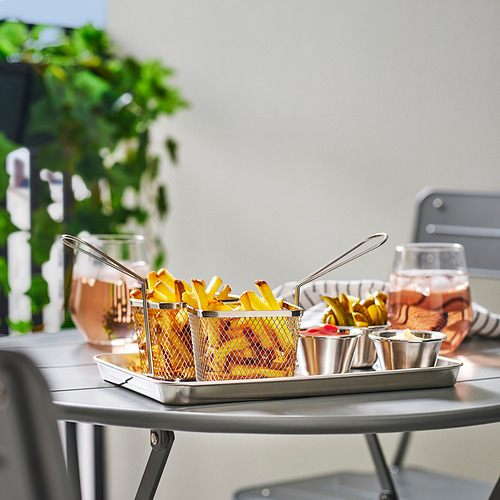 Mesa de exterior con cesta de frituras GRILLTIDER y vasos, acero inoxidable.
