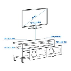 Ilustración de medidas - BESTÅ mueble TV con riel para cajón con apertura a presión