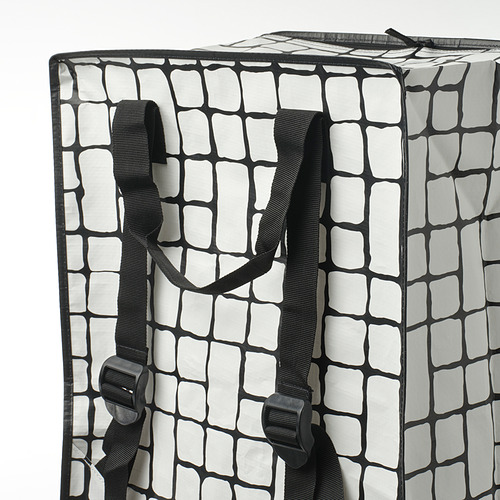 Bolso de rejilla en blanco y negro con correas y hebillas negras resistentes, diseñado para llevarlo y guardarlo.