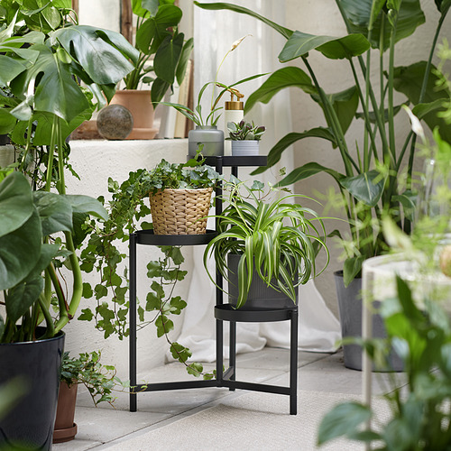 Soporte de plantas negro de 3 niveles con plantas de interior verdes