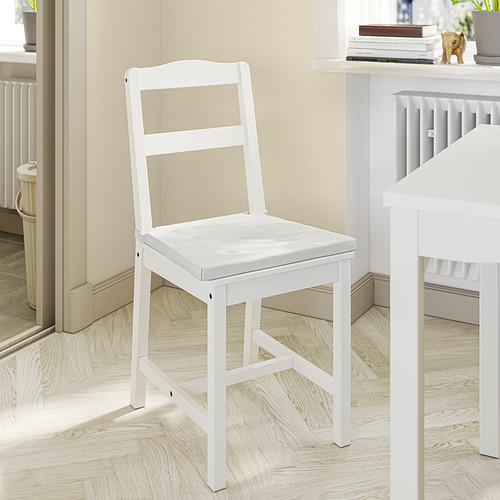 Silla JUSTINA blanca con asiento acolchado, estructura de madera, diseño sencillo.
