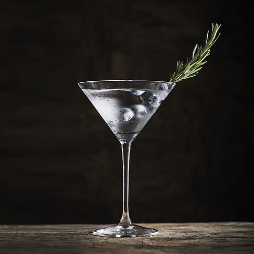 Una copa de martini con tallo, que contiene líquido transparente y cubitos de hielo, adornada con una ramita de romero.
