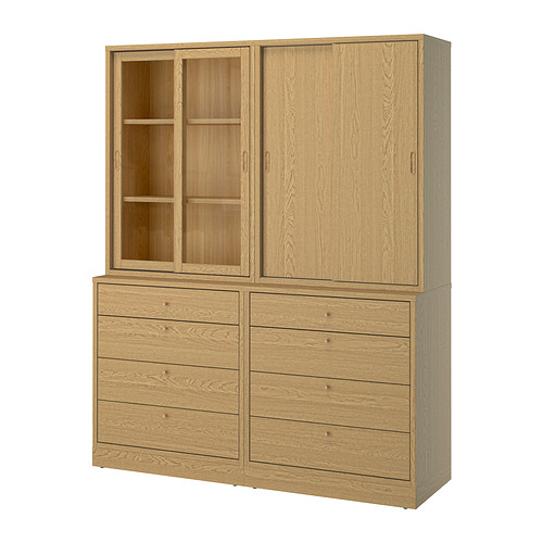 Mueble de almacenaje de roble TONSTAD: cómoda de 4 cajones, armario con puertas correderas, vetas de madera clara, diseño clásico, amplio espacio de almacenamiento.