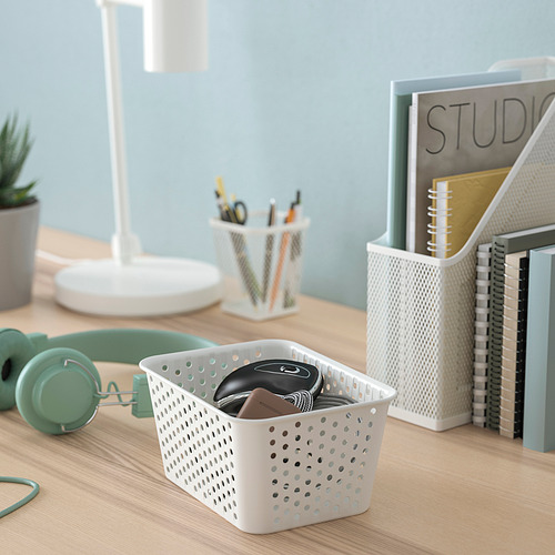 Cesta PLOGSVÄNG blanca con ratón, fabricada en plástico reciclado.