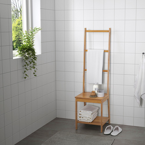 Organizador de baño de madera con toallero, estante y almacenamiento para toallas y artículos, hecho de bambú.