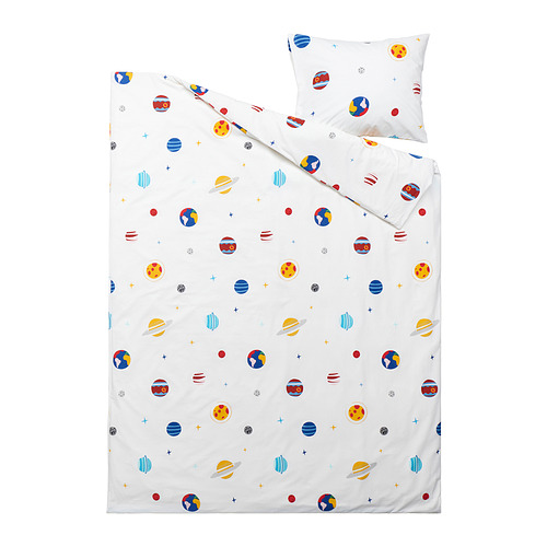 Juego de cama AFTONSPARV, blanco con colorido estampado de planetas, incluye funda nórdica y funda de almohada, material algodón-viscosa.