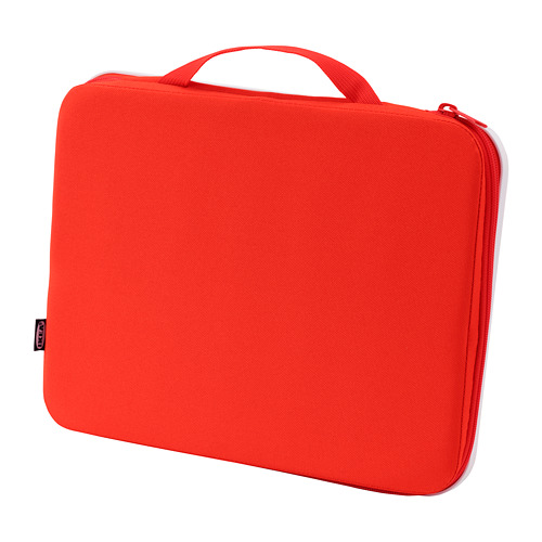 Estuche de arte portátil de color rojo brillante con asas, ideal para llevar material de dibujo, con múltiples compartimentos y un diseño robusto.