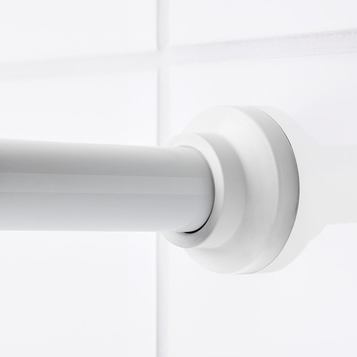 Soporte de barra de cortina de ducha blanco, con diseño moderno. Accionado por resorte para un montaje seguro en la pared sin tornillos.