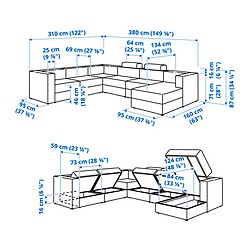Ilustración de medidas - JÄTTEBO sofá forma de U, 7 plazas con chaiselongue derecho y reposacabezas