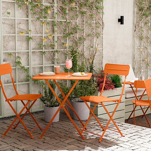 Juego de mesas y sillas de exterior de color naranja brillante, perfecto para espacios pequeños, diseño plegado, acero duradero, premontado.