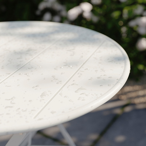 Mesa de jardín de metal blanco con gotas de agua, redonda, de uso exterior.