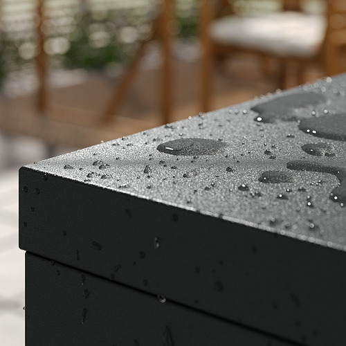 Gabinete de exterior negro con gotas de lluvia, acero con recubrimiento en polvo duradero, pies ajustables, ideal para balcones, pasillos o baños.