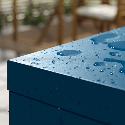 Armario SUNDSÖ azul con gotas de agua, uso en exteriores.