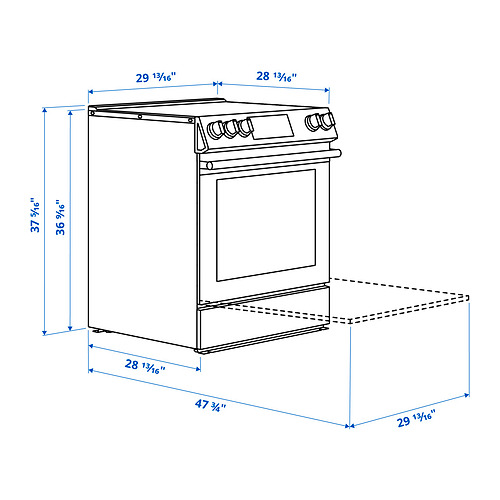 Measurement Illustration - SNESSLINGE range with glass ceramic cooktop