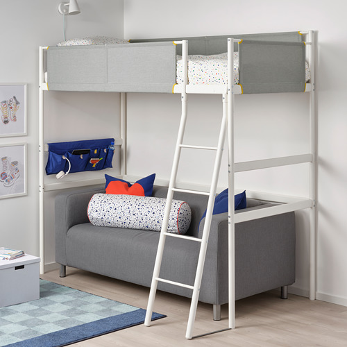 Litera VITVAL moderna con detalles en amarillo y detalles en gris. Incluye sofá cama debajo y bolsa de almacenamiento lateral, que encaja perfectamente en la esquina.