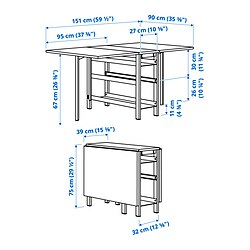 Ilustración de medidas - VIHALS mesa de comedor con ala abatible y 4 sillas plegables
