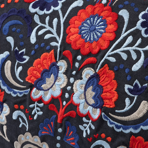 Elaboradas flores bordadas en tela negra, que muestran una intrincada artesanía.