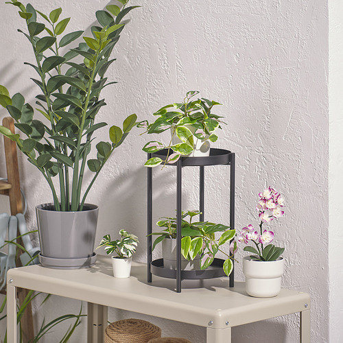 Pequeña planta FEJKA: hojas moradas, plástico, soporte elegante, se adapta al estante, cerca de plantas más grandes.