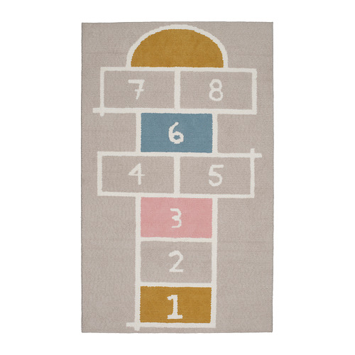 Alfombra infantil de rayuela, gris con cuadrados de colores, poliéster suave y reciclado.