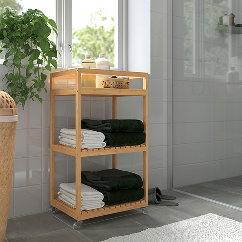 Estante de baño de bambú RÅGRUND, madera clara, 3 niveles, contiene toallas y artículos de tocador, se adapta perfectamente a la pared de azulejos.