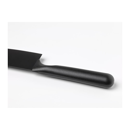 Cuchillo negro con mango de agarre suave, hoja afilada de acero inoxidable.