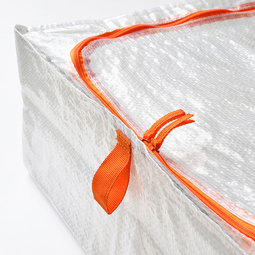 Bolsa de almacenamiento duradera, blanca con cremallera y asas naranjas, doblada cuidadosamente.