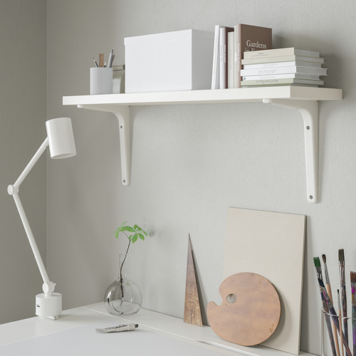 Estantería de pared con libros y decoración, lámpara de iluminación vegetal.