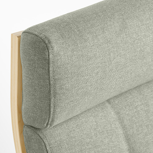 Primer plano del asiento y el respaldo acolchados de las sillas POÄNG, que muestran un tejido duradero y una estructura de apoyo.