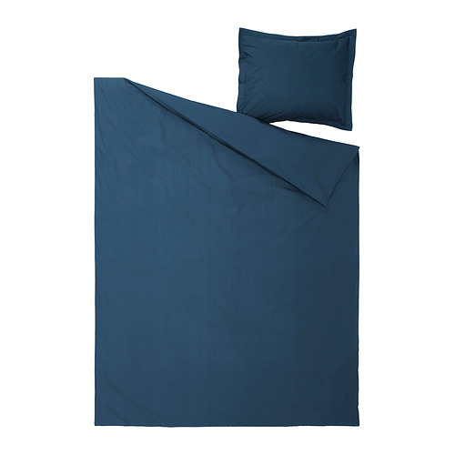 Conjunto de edredón HAMPFFEL: azul oscuro, algodón, diseño plano, con funda de almohada sobre.