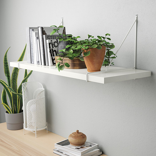Un estante blanco montado en la pared sostiene libros y plantas, mostrando una exhibición funcional para la organización y decoración del hogar.