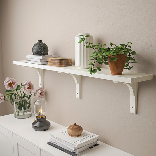 Estantería de pared con libros, jarrones y plantas. Exhibe los artículos de manera ordenada, adecuado para varias habitaciones.