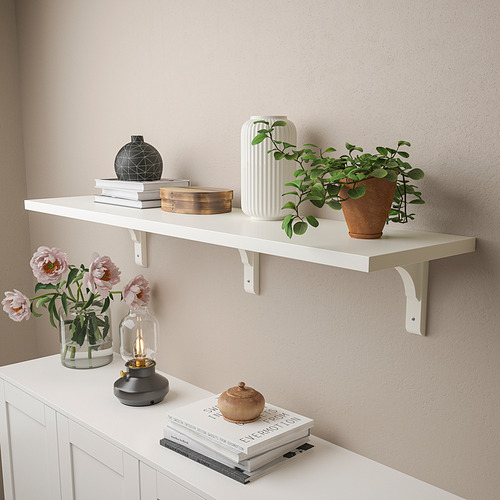 Estantería de pared con elementos decorativos: plantas, libros, jarrones y flores.