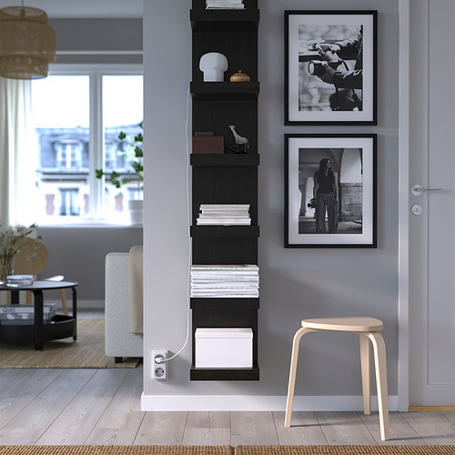 Sala de estar moderna con estantes bLACK LACK, libros, decoración y fotos en blanco y bLACK. Habitación llena de luz con sofá y vista a la ciudad.
