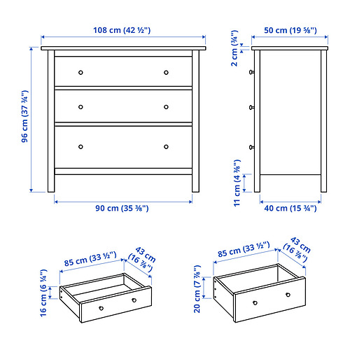 Ilustración con medidas del producto: HEMNES.