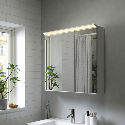 Moderno mueble con espejo TREASJÖN gris con iluminación led y gran reflexión.