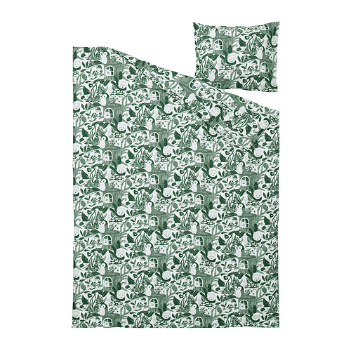 Ropa de cama SKOGSDUVA verde con erizos y búhos, edredón nórdico y funda de almohada 80% algodón.