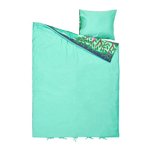 Juego de cama SKOGSDUVA, verde brillante, rectangular, con diseño de zorro y ratón.