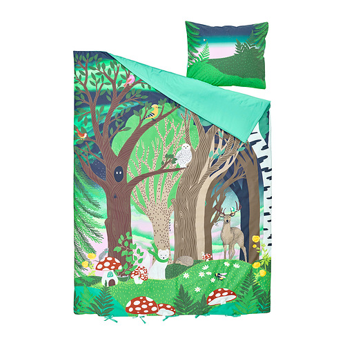Criaturas del bosque y setas ropa de cama, viscosa de algodón azul verdoso.