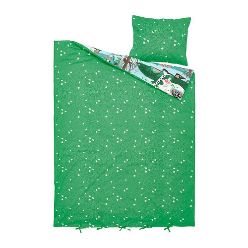 Conjunto de ropa de cama verde con estampado de flores blancas, con almohada a juego y diseño de temática forestal.