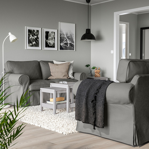 Sala de estar moderna con sofás EKTORP, manta, cojines, mesa de café, lámpara, arte y una planta.