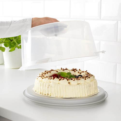 Un bizcocho en un transportador con tapa transparente, colocado sobre una encimera. El transportador tiene ranuras y lados lisos para diferentes pasteles.