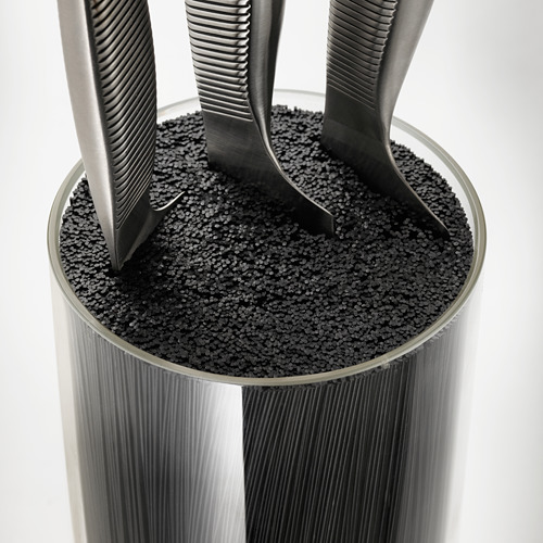 Bloque de cuchillas con múltiples hojas almacenadas. Diseño duradero y de primera calidad con agarre texturizado y elegante base de vidrio.
