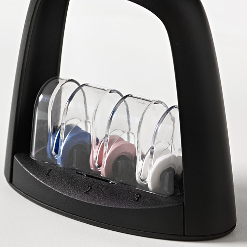 Afilador de cuchillos con ranuras transparentes y curvas para niveles de nitidez. Mangos de plástico negro y duradero, afilado de fino a grueso.