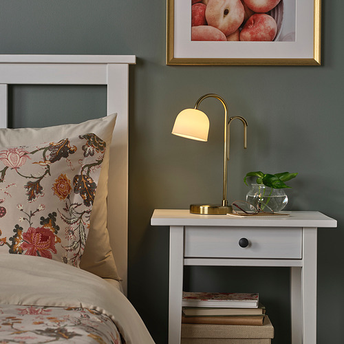 Lámpara de oro, almohada, planta, libros, arte.