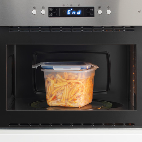 Recipiente de calentamiento de alimentos en microondas, mostrando el final de lectura del temporizador digital.