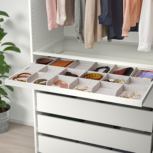 Organizador de cajones blanco con compartimentos para joyas y relojes, serie KOMPLEMENT.